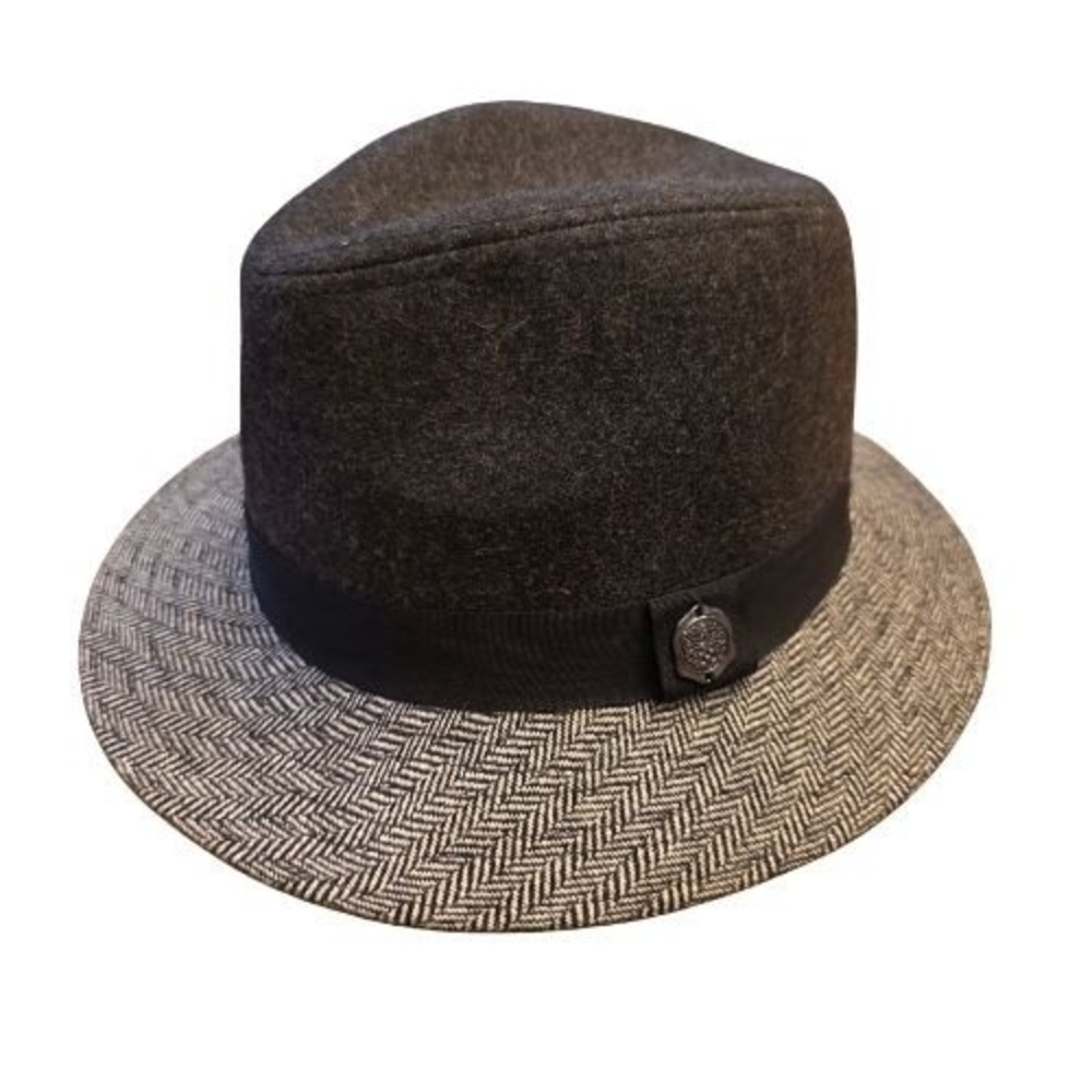 Charcoal Grey Wool Fedora Trilby Hat Herringbone One Size Adjustable‎ 21.5" Band